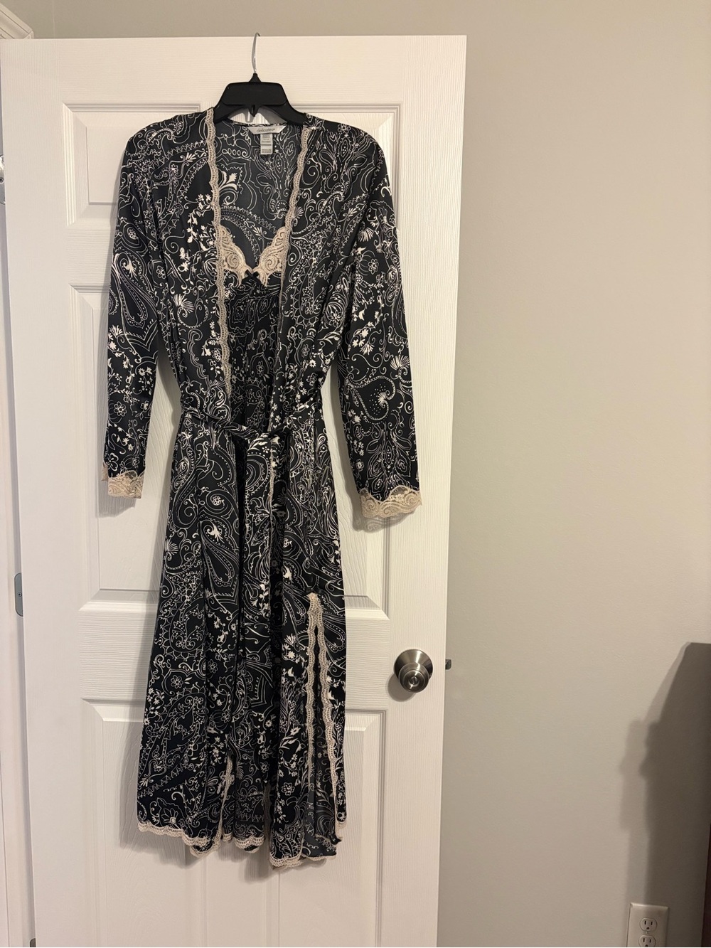 delicates Black Paisley Satin Robe with Chemise Cream Lace Trim